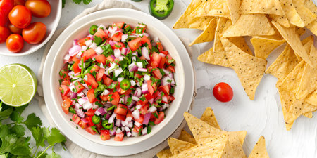 Creative food template. Tortilla Nachos chip with pico de gallo, salsa fresca bandera cruda, Mexican cuisine with ingredients tomato lime cilantro spread out. Copy text space.の写真素材