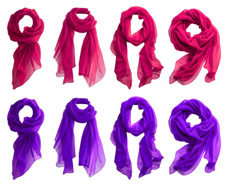 2 Set of magenta purple pink chiffon silk silky flowy soft scarf shawl wrap, front and flat lay view on cutout file. Many different angle. Mockup templateの写真素材