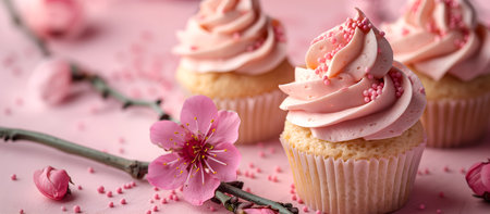 Creative food concept. Pink frosting Cupcake muffin cake with toppins icing sprinkles and sakura peach blossom flowers petals on pastel background. copy text spaceの写真素材