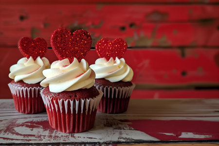 Creative food concept. Three Red velvet Cupcake muffin cake with white frosting and heart love shape topper on rustic wooden background. copy text spaceの写真素材