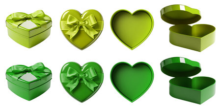 2 Set of dark light green lime gift present heart love shape box with bow ribbon on cutout. Mockup template for design. perspective open close side flat lay view diの写真素材