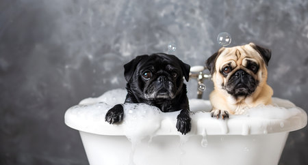 Creative animal template. Two funny drench wet pug dog puppy in a white tub bathtub bathe with overflow bubbles soapsuds soap in grey background. copy text spaceの写真素材