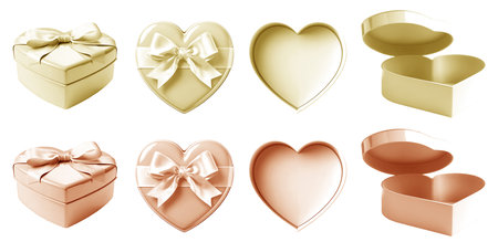 2 Set of pastel light yellow orange gift present heart love shape box with bow ribbon on transparent cutout PNG. Mockup template for design. perspective open close side flat layの写真素材