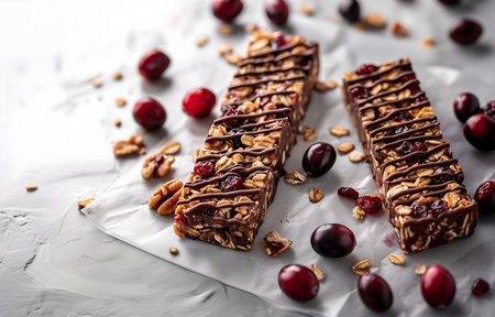 Creative food concept. Granola muesli cereal bars with dark chocolate drizzle, filled with cranberries and walnuts and berries scattered on white tissue marble table. copy text spaの写真素材