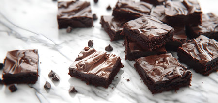 Creative food template. Chunky square pieces of cake brownie with chocolate chips and crumbs on...