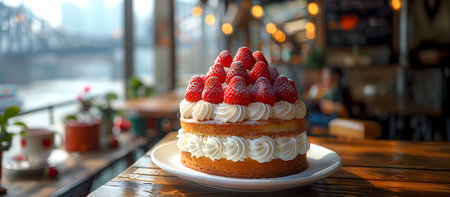 Creative food template. Strawberry fruit butter sponge cake layer with whipped cream on wooden table in outdoor retro style blurred bokeh cafe restaurant background. copy text spacの写真素材