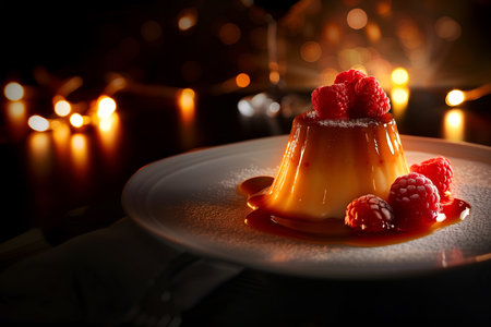 Creative food template. Close up of a flan creme caramel custard pudding dessert with raspberry raspberries in blurred bokeh lights background. copy text spaceの写真素材