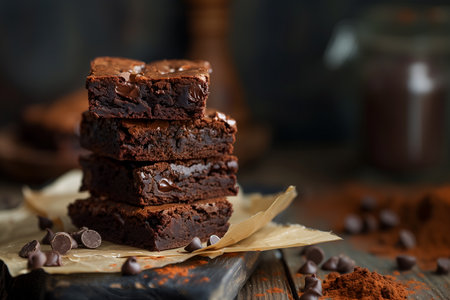 Creative food template. Stack of chunky square pieces of cake brownie with chocolate chips and cocoa powder surrounding rustic wooden background. copy text spaceの写真素材