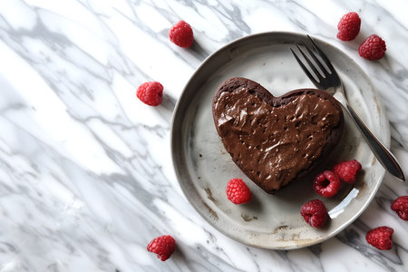 Creative food concept. Home made Heart shape dark icing frosting chocolate cake with raspberry fruits on white marble table background. copy text spaceの写真素材