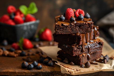 Creative food template. Stack of chunky pieces thick chocolate syrup dripping of double fudge brownie with chocolate chips, cocoa powder, raspberry fruit on rustic wooden backgrounの写真素材