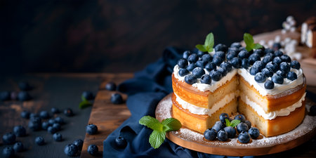Creative food template. Sliced blueberries fruit butter sponge cake layer with whipped cream powdered icing sugar on wooden table in retro rustic style background. copy text spaceの写真素材
