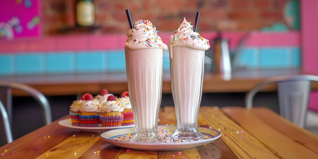 Creative food template. Colourful sprinkles strawberry milk milkshake yoghurt smoothie with mini frosting butter cupcakes on wooden table in retro pink blue cafe background. copy tの写真素材