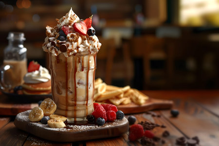 Creative food template. Milk milkshake yoghurt smoothie with whipped cream, banana, strawberry, blueberry, fruits, caramel sauce on wooden table in retro rustic cafe background.の写真素材