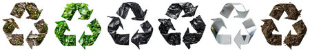 Set collection of recycle recycling symbol of black plastic bag, planet earth leaves leaf green soil dirt, silver foil on cutout file. Many different style. Mockupの写真素材