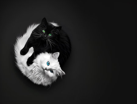 Creative animal template. Two pair of furry black white cat kitty kitten with stunning blue green eyes curl in a ball looking up on dark background. copy text space. Top viewの写真素材