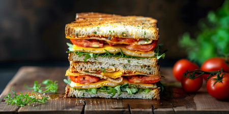 Creative food template. Tall stack of slice grill toast club bread sandwich filled with lettuce...