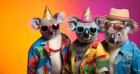 Creative animal concept. Group of Koala Bear in funky Wacky wild mismatch colourful outfits on bright background advertisement, copy space. birthday party invite invitation bannerの素材