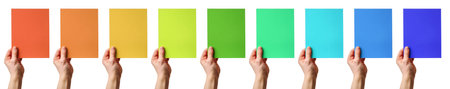 Collection set of hand holding blank rectangle A4 card note paper colours of yellow, orange, mustard, turquoise, blue, green, lime on cutout file. Mockup templateの写真素材