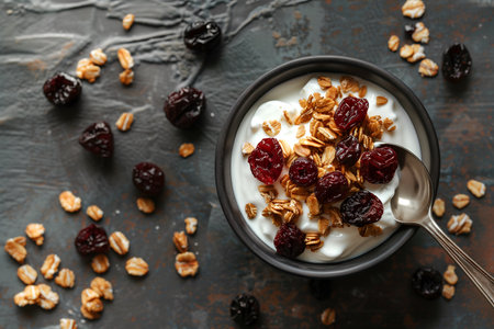 Creative food template. Bowl with spoon in it of yoghurt with granola, seed cereal grains, flakes oat wheat muesli with dried cherry, on dark concrete background. copy text space,の写真素材