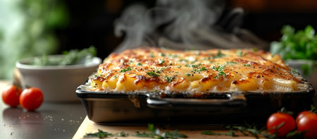 Creative food Concept. Close up of hot smoky cheesy cheese pasta au gratin in black baking tray...