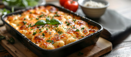 Creative food Concept. Close up of steaming hot cheesy cheese pasta au gratin in black baking casserole tray ready to be served in rustic kitchen background. copy text spaceの写真素材