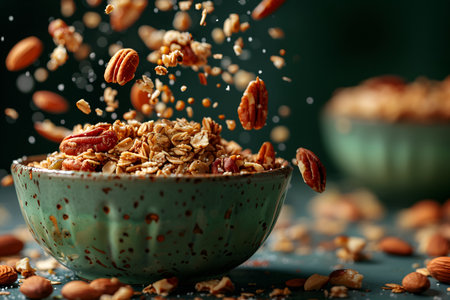 Creative food template. Sprinkled dropping falling healthy granola almond walnut nuts, seed cereal grains, flakes oat wheat muesli on on dark green handmade ceramic bowl. copy textの写真素材