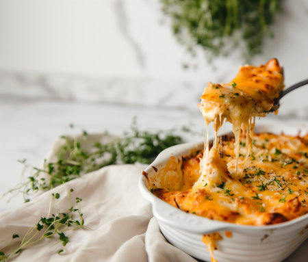 Creative food Concept. Close up of pulled cheesy cheese pasta au gratin in white baking casserole tray ready to be served in marble kitchen background. copy text spaceの写真素材