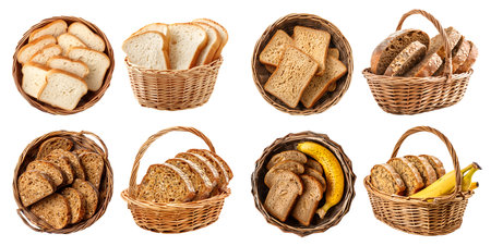 Collection 4 set of basket of bread bun loaf slice. White, wholewheat, Multigrain, Banana on background cutout file. Mockup template for artwork designの写真素材
