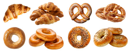 Collection of 4 bread bun pile set. Croissant, Pretzel, Everything bagel, Plain bagel on background cutout file. Mockup template for artwork designの写真素材