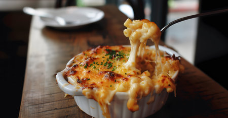 Creative food Concept. Close up of Cheesy pull classic Macaroni Mac and cheese in rustic country...