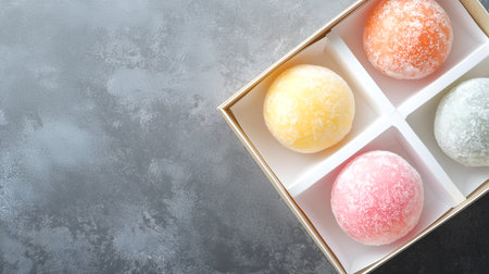 Creative food template. Colourful Daifukumochi daifuku mochi rice flour Japanese dessert in gift box on grey scratched granite table, copy text space, flat lay top viewの写真素材