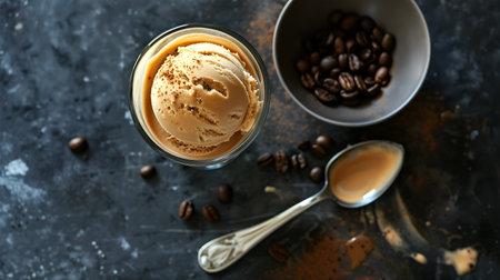 Creative food template. Soft serve gelato ice cream scoop balls with coffee roasted beans on rough granite dark concrete background. copy text space, flat lay top viewの写真素材