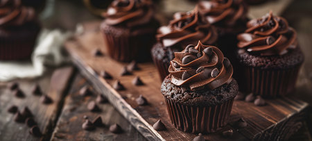 Creative food concept. Rows of chocolate chip Cupcake muffin cake with topping frosting on dark...