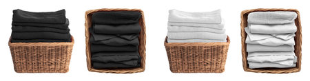 2 Set of black white neatly folded clean laundry clothes in rectangle wicker basket, front top view on background cutout. Mockup template for artwork designの写真素材