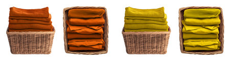 2 Set of yellow orange neatly folded clean laundry clothes in rectangle wicker basket, front top view on background cutout. Mockup template for artwork designの写真素材