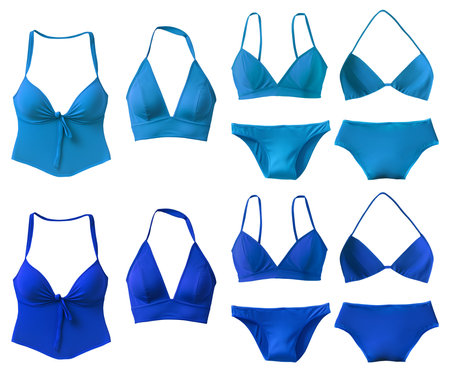 2 Set collection of dark light blue two piece swimwear swimsuit, triangle bikini, tankini, halter bra bralette, top bottom on cutout. Many different style. Mockupの写真素材