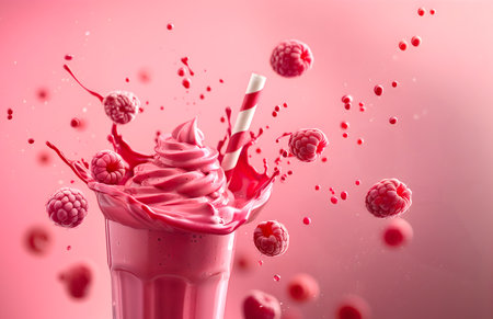 Creative food template. Close up Topping fruit raspberry raspberries glass of milk milkshake yoghurt smoothie with liquid droplet splash splashing swirl on pink background. copy teの写真素材