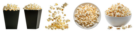 Popcorn corn kernel grains, many angles view pile, paper container bag, white bowl, dropping levitate flying scattered isolated on cutout file. Mockup template forの写真素材