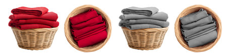 2 Set of red maroon grey gray neatly folded clean laundry clothes in round circle wicker basket, front top view on background cutout. Mockup template for artwork deの写真素材