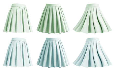 2 Set of pastel light green turquoise blue short mini pleated A-line textured tennis flowy flare skirt, front side twirl o cutout. Many different angle. Mockup templateの写真素材