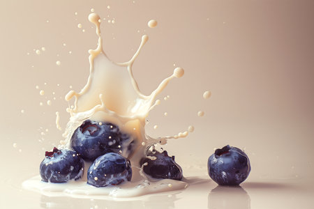 Creative food template. Topping fruit blueberry blueberries splashing dropping onto milk melted gelato yoghurt ice cream with droplet splash. copy text spaceの写真素材