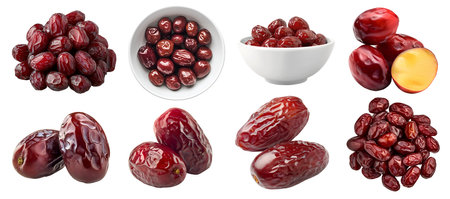 Jujube Xinjiang Chinese red dates fruit herb, many angles and view side top front heap pile bunch bowl isolated on background cutout file. Mockup template for artwの写真素材