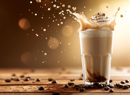 Creative food template. Close up Topping of roasted coffee bean glass of milk milkshake yoghurt smoothie with liquid droplet splash splashing swirl on bokek background. copy text sの写真素材