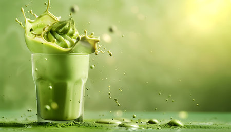 Creative food template. Close up Topping of matcha green tea glass of milk milkshake yoghurt smoothie with liquid droplet splash splashing swirl on smoky background. copy text spacの写真素材