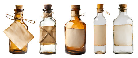 Collection set of message blank note label on rustic empty bottle on background cutout file. Many different style. Mockup template for artwork graphic designの写真素材