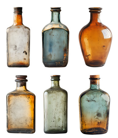 Collection set of vintage old stained rustic bottle on background cutout file. Many different style. Mockup template for artwork graphic designの写真素材