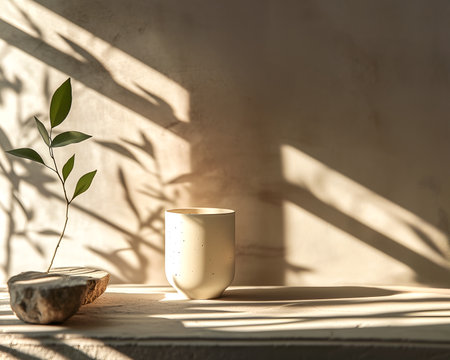 Creative minimal concept. Rock stone block podium with vase mug and natural foliage leaf plant shadow background and sunlight shine. Mock up template for product presentation. copyの写真素材