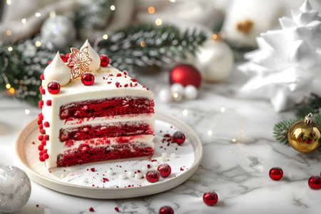 Creative food holiday concept. Slice of velvet cake with cream icing frosting on white marble table with christmas decoration pine leaves, glitter sparkle balls. copy text spaceの写真素材