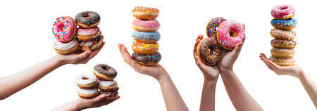 Collection set of hand holding pile stack colourful round donut doughnut on background cutout file. Mockup template for artwork graphic designの写真素材
