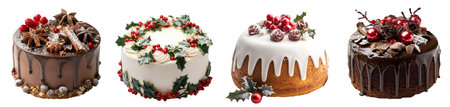 Christmas festive cake with icing frosting topping of pine leaf, pinecone, berries, cinnamon, holly, decorations on file. Many different flavour. Mockup template foの写真素材